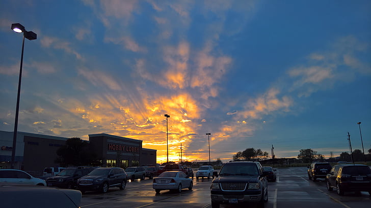 sunset, light, rays, parking, cars, sky, transportation
