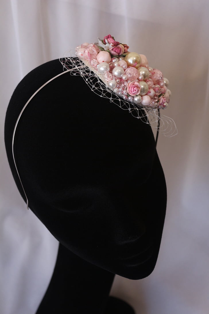 pearls, wedding, bride, pink, ivory, head band, retro