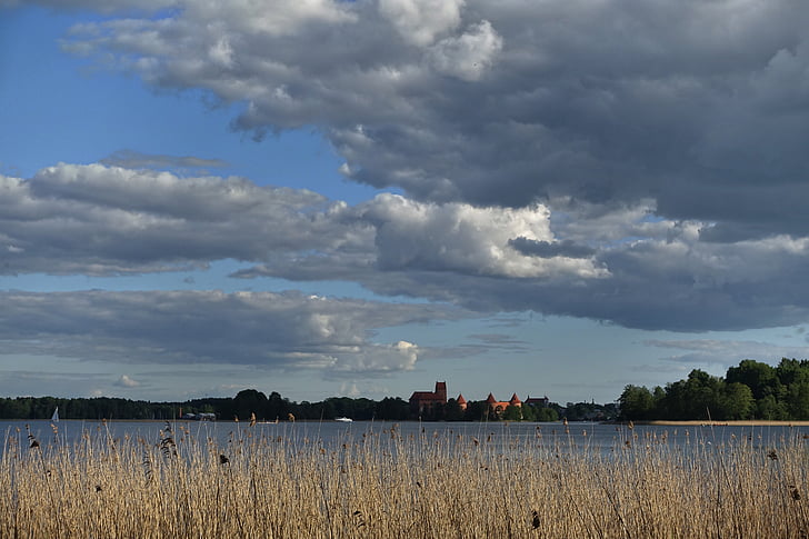 sky, reeds, horizon, distant, castle, fortification, water