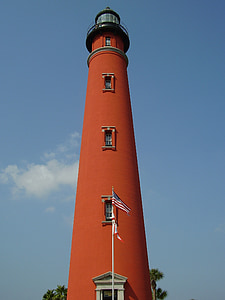 lighthouse, ponce inlet, florida, historic, landmark, america, american flag