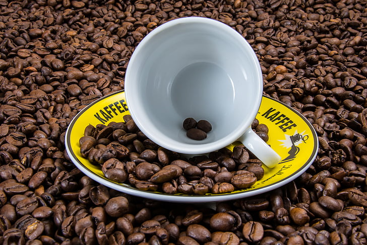 Kawa, filiżanka kawy, ziarna kawy, Puchar, okładka, brązowy, Martwa natura