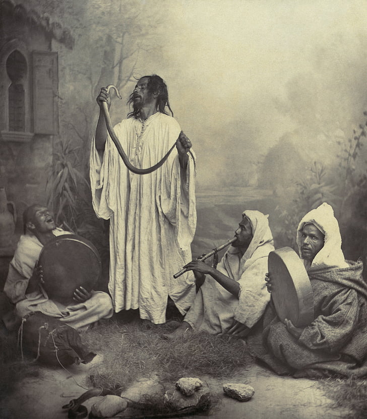 snake charmers, snake creature, morocco, black and white, 1860 1900