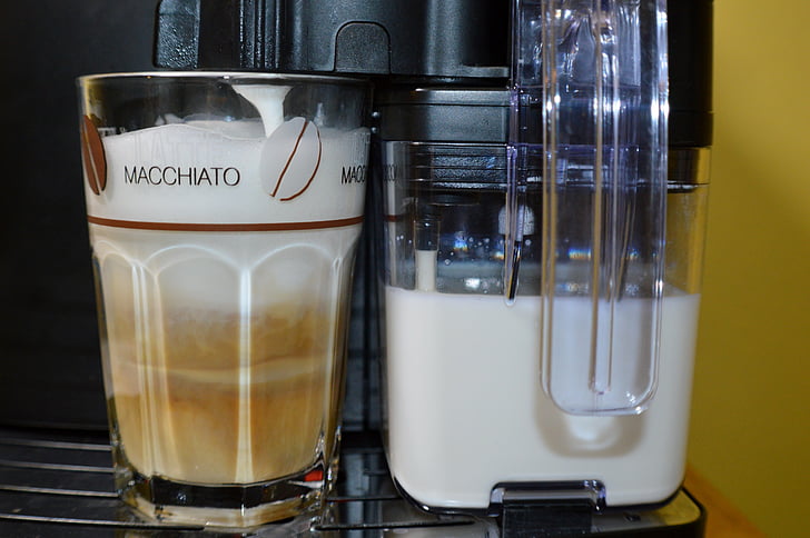 latte macchiato, kaffe, te, café au lait, milchschaum, glas, mjölk