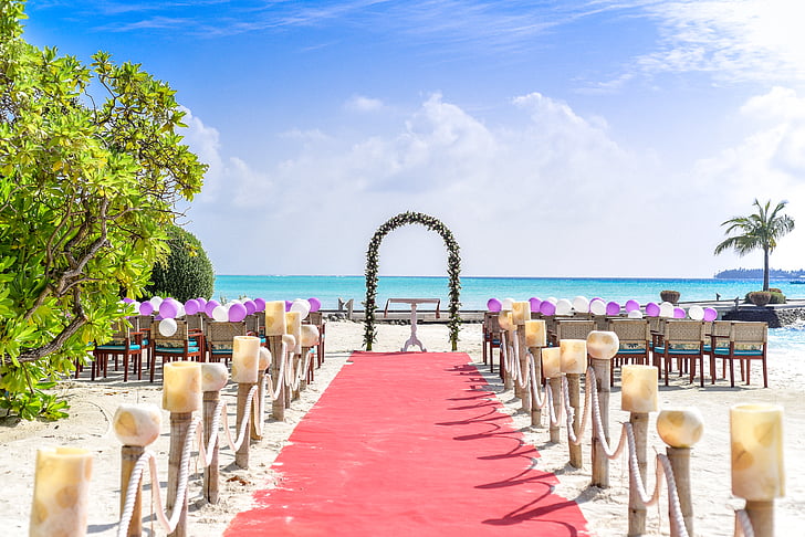 ballonnen, strand, strand bruiloft, stoelen, decoraties, bestemming, eiland