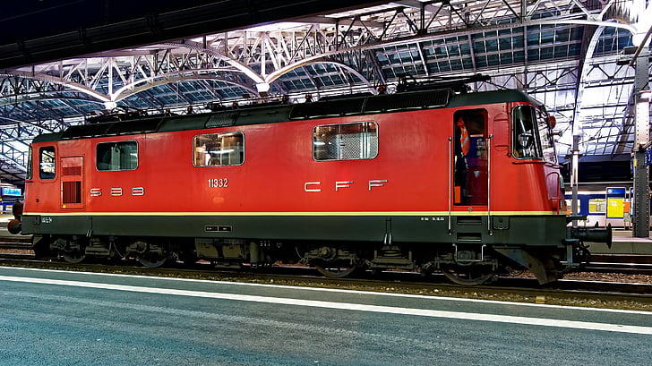 röd, lokomotiv, järnvägsstation, Lausanne, Schweiz, SBB, järnväg