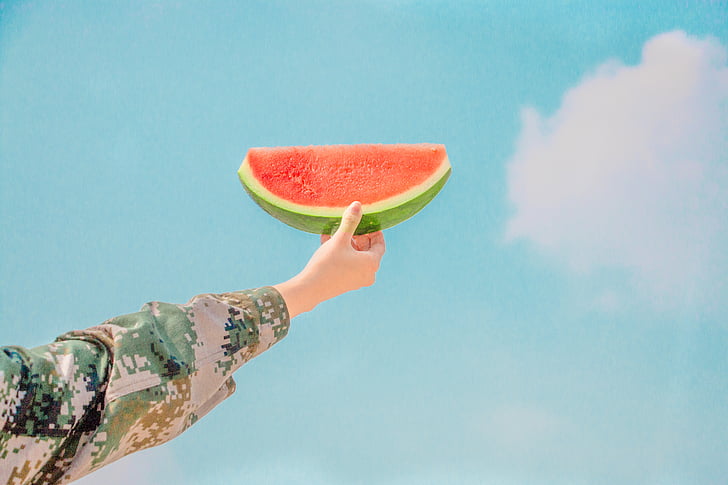 person, holding, sliced, watermelon, fruit, arms, human body part