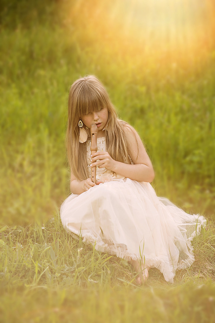 flute, girl, music, person, human, child, meadow