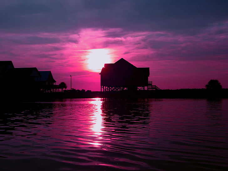 purple, water, dusk, twilight, scene, scenic, place