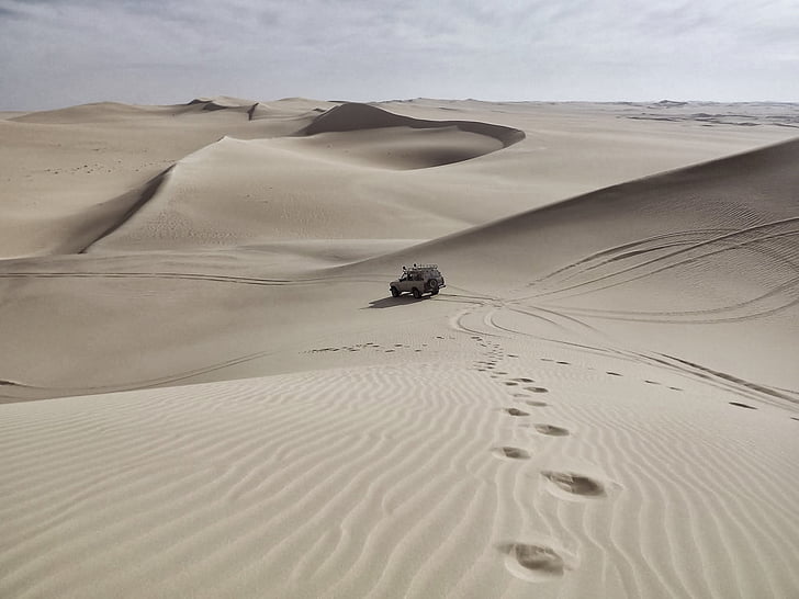 kum tepeleri, çöl, Sahara, Jeep, parça, kum, ayak izleri