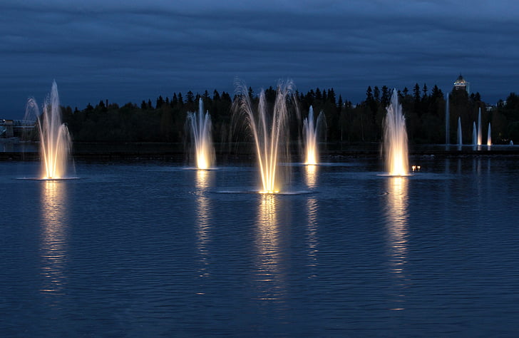 night, evening, fountains, lake, river, water, lights