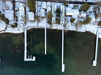 drone, lake, pier, snow, winter, water, aerial