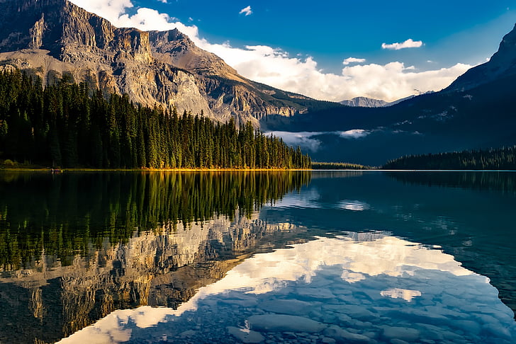 Kanada, sjön, reflektioner, bergen, landskap, natursköna, skogen