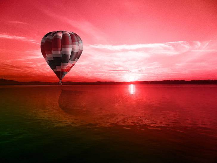 balon, merah, Mar, matahari terbenam, romantis, pemandangan, laut