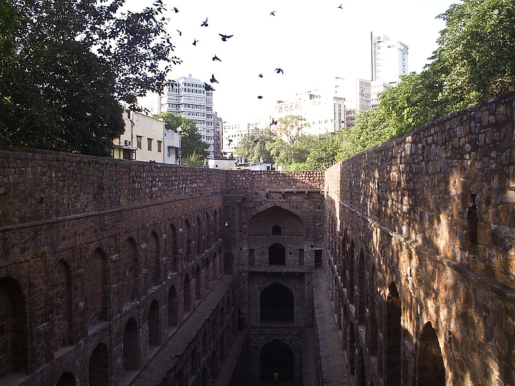 connaught place, medieval architecture, stepwell, city, pigeons, delhi, outdoors