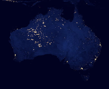Australie, villes, lumières, espace, nuit, par satellite, carte