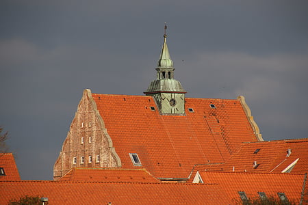 tető, ház, város, Dánia, régi, piros, tetőcserép