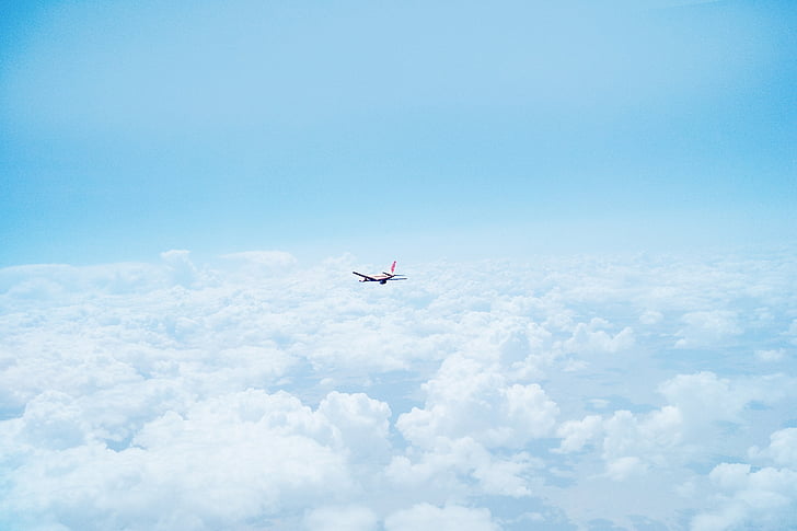 pesawat, di atas awan, langit, biru, perjalanan, transportasi, terbang