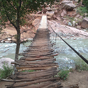 Ponte, diretta streaming, attraversando, traballante, fiume, natura, in legno