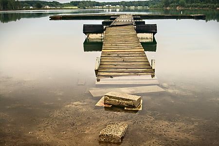 zlomené, hnedá, drevené, Dock, telo, vody, deň