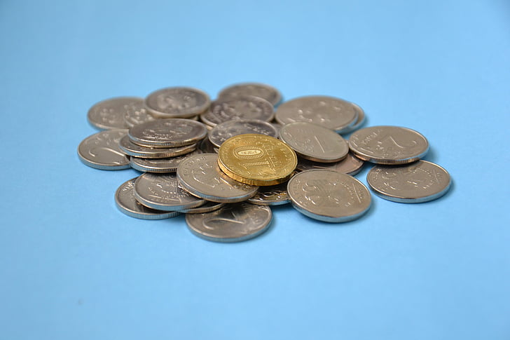rubeľ, mince, peniaze, ruština, hrsť, kopek, banka