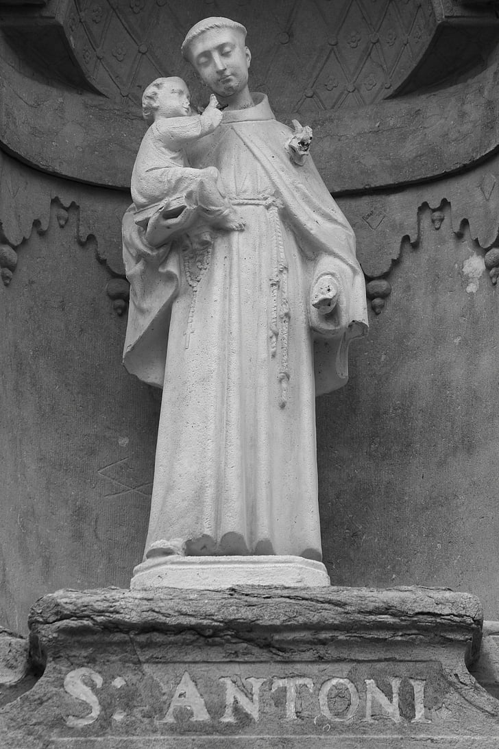 St., statuen, hellige, katolske, bilde, religion, svart-hvitt