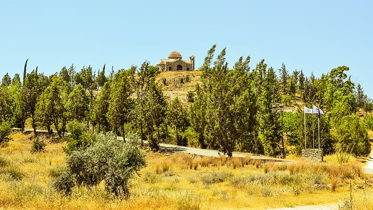 Igreja, colina, paisagem, zona rural, Ayia varvara, Chipre