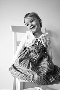 chair, sitting, girl, child, blond, black And White, smiling