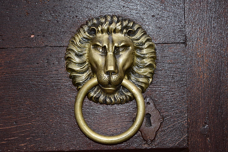 pintu, singa, pengetuk, lama, emas, besi singa, menangani
