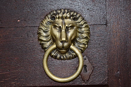dörr, Lejonet, knocker, gamla, gyllene, järn lejon, handtag