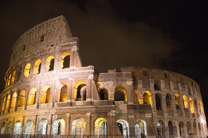 Róma, Olaszország, éjszaka, világít, ősi, építészet, Európa
