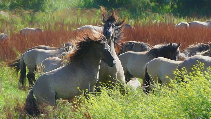 caballos, sauce de Prado, pintura, pintura digital, pastan, paisaje, caballo