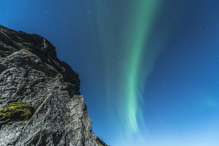 aurora boreal, Lofoten, Noruega, nit, verd, cel, blau