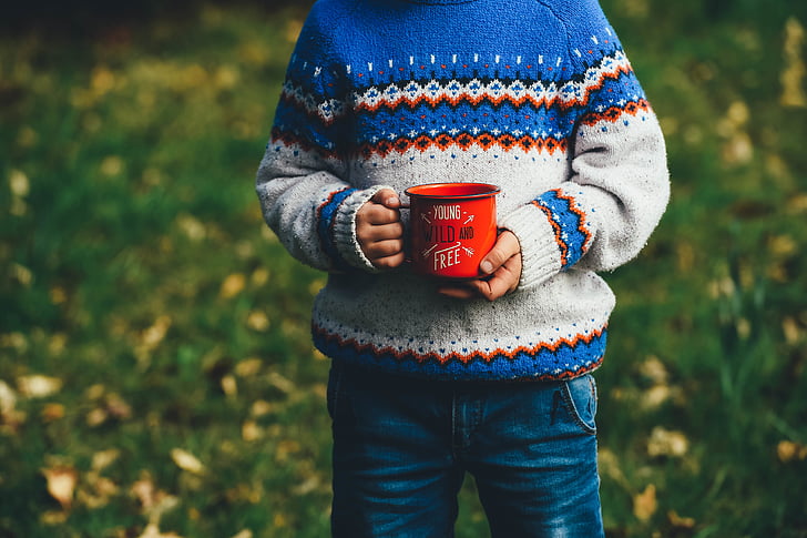 cup, grass, hands, kid, knitwear, macro, mug