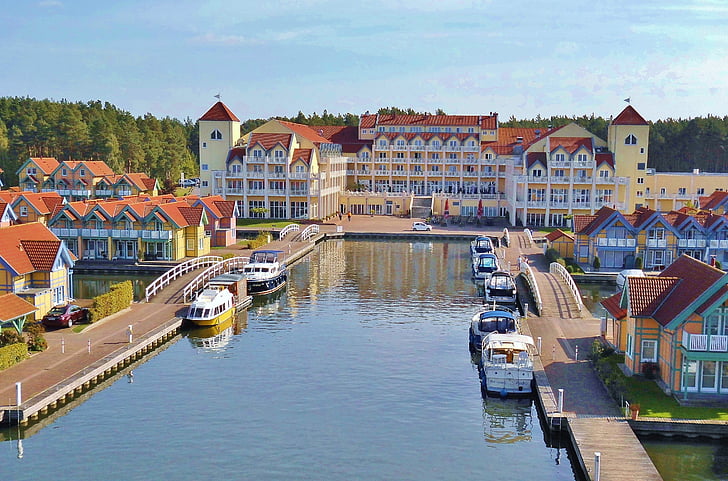 pristanišča, Hotel, turizem, Rheinsberg, pristanišče vasi, Marina, stavbe