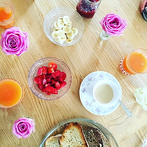 breakfast, coffee, cup, bread, flowers, fruit, strawberries