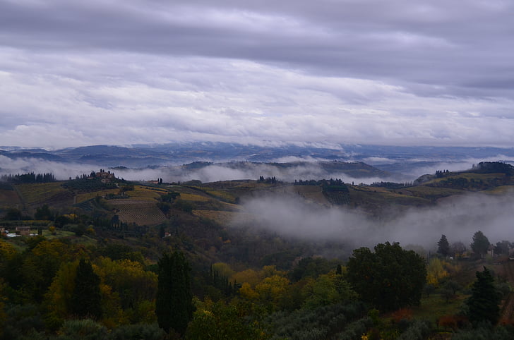 colinas, paisagem, Crepúsculo, nuvens, Upland, Itália, viagem