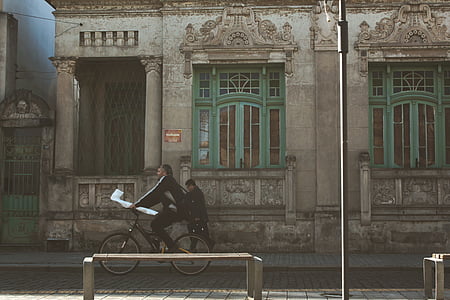 dviratis, Grunge, dviratis, miesto, senas, tamsus, fasadas