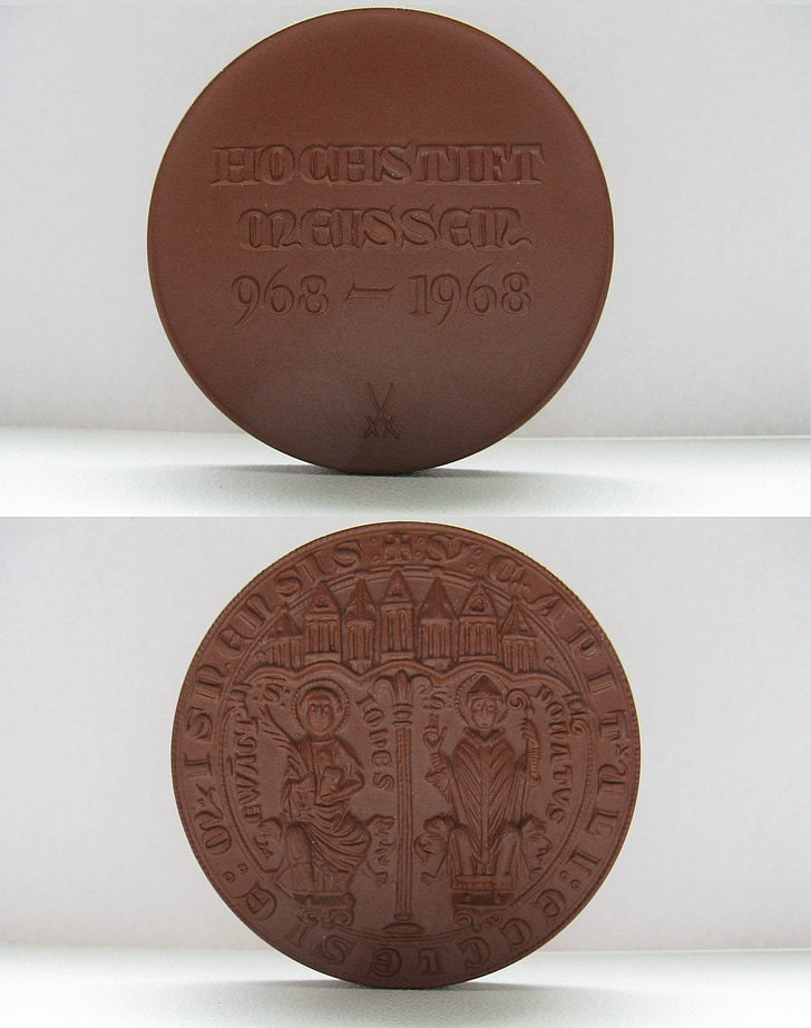medalje, Meissen, porselen, høy pin, 1968, DDR, gamle