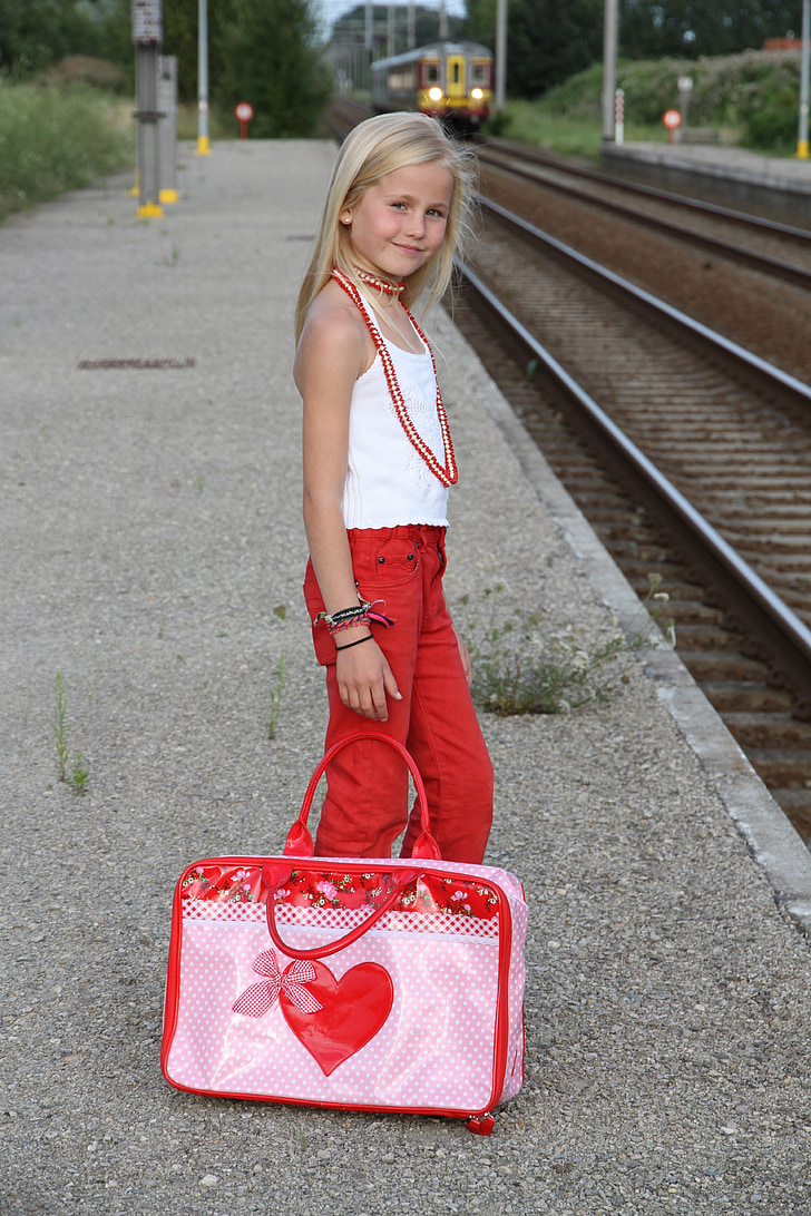 blonde, girl, wait, train, reilway, station, travel