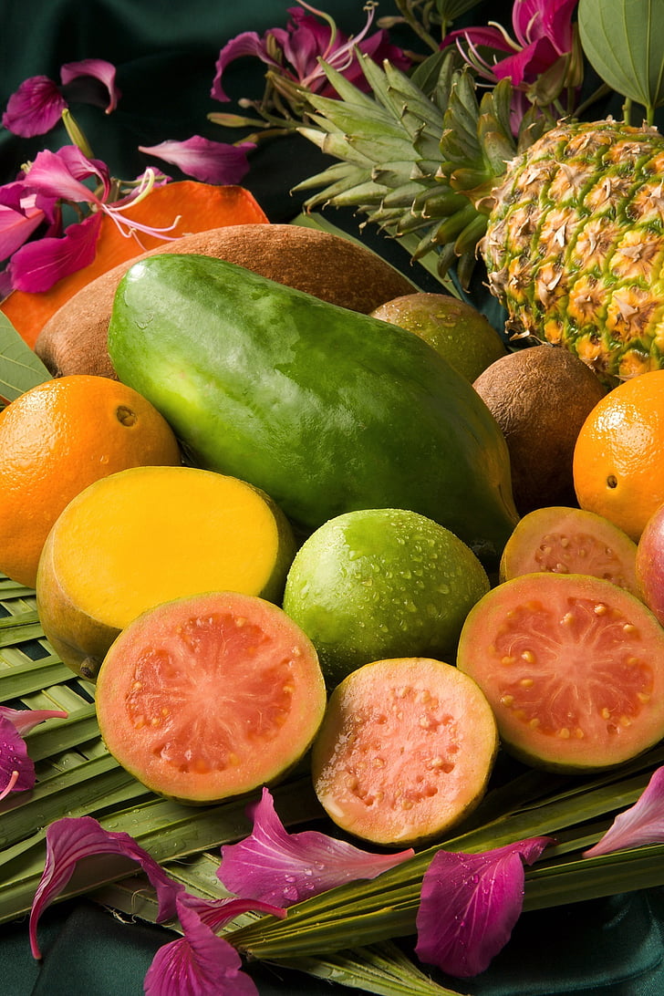 tropisk frukt, moden, mat, sunn, fargerike, gul, rød