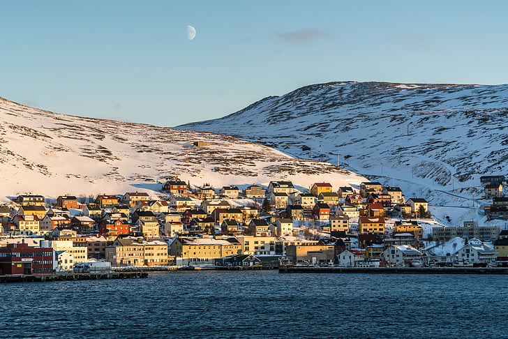Норвегия, планински, Honningsvag, крайбрежие, архитектура, Луната, сняг