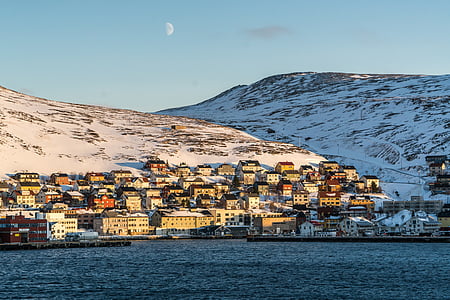 挪威, 山, 霍宁斯沃格, 海岸, 建筑, 月亮, 雪