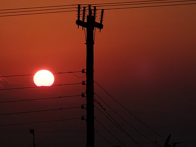 sunset, cable, lines, power line, mast, industry romance, upper lines