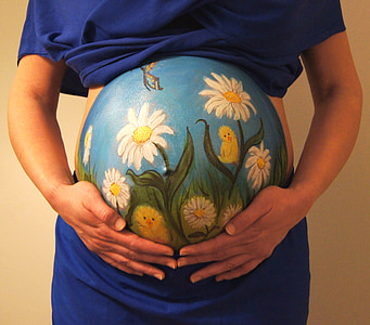 bellypaint, pittura di pancia, incinta, fiori, pulcino, Margriet, bambino