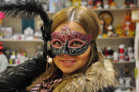 máscara, baile de máscaras, menina, véspera de ano novo, penas, Carnaval, programa