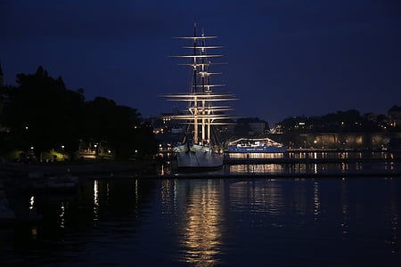 barco aparejado por completo, Estocolmo, agua, Suecia, barco, espejado, Albergues
