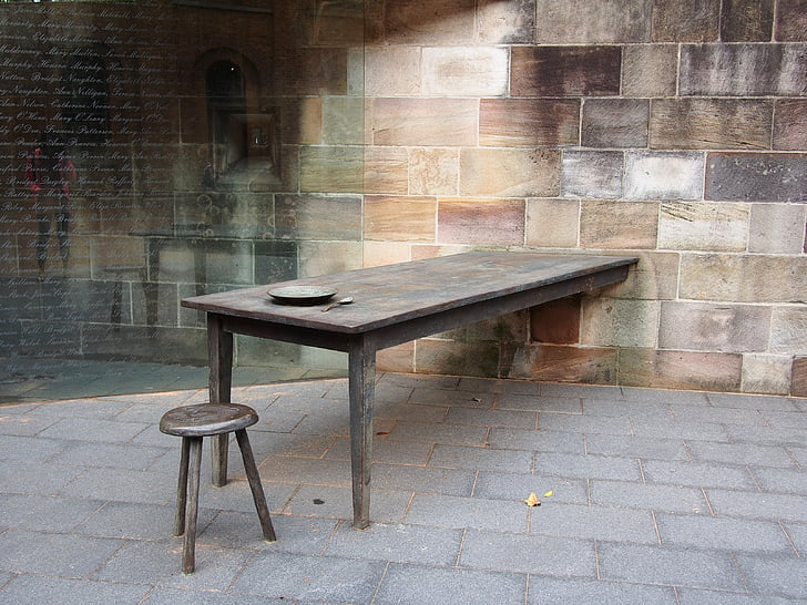 tabell, stol, murstein, tre, innredning, forlatt, arkitektur