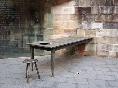 Meja, kursi, batu bata, kayu, dekorasi, meninggalkan, arsitektur