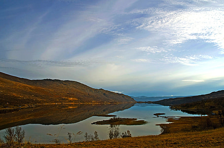 landscape, sky, clouds, river, lake, mountains, trees