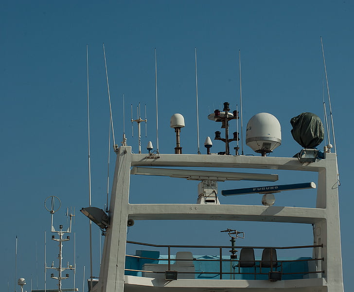 barco, navegación, radar, antenas, azul